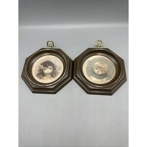 Vintage Ozz Franca Big Sad Eye Clown Boy Girl Pictures Framed Octagonal Set/2